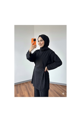 Unika Boutique Siyah Taşlı Tesettür İkili Takım / Modal Kumaş Rahat Kesim