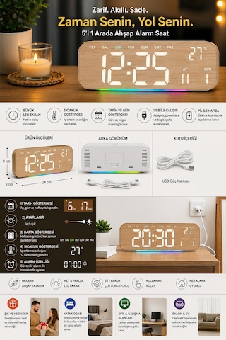 Büyük Ekranlı Ahşap Desenli Dijital Masa Saati 24x9x3 Cm Alarm Çalar Saat Rgb Renkli Led Işıklı Usb Ve Pil Bej