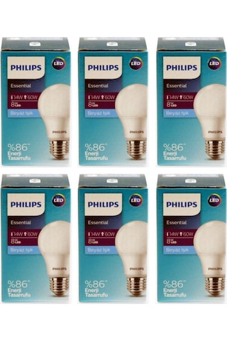 Philips Ess Ledbulb 8W-60W E27 Normal Duy Beyaz Işık- 6 Adet