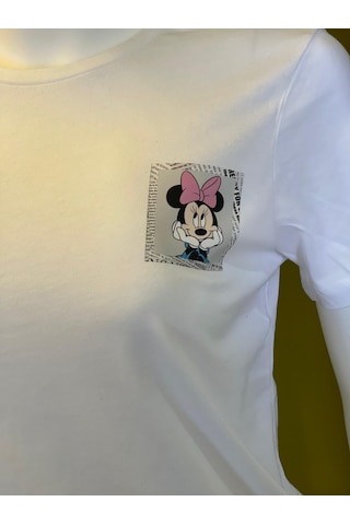 %100 Pamuk Basik Bisiklet Yaka Örme Mickey Mause Minny Mause T-shirt Beyaz