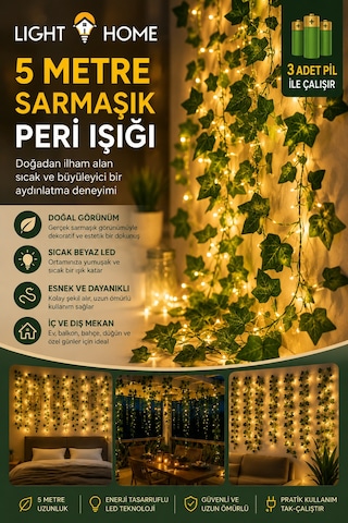 Yapay Sarmaşık Led Işık Dekoratif Işıklı Sarmaşık Led Oda Duvar Yatak Odası Parti Yılbaşı Dekoru 5 Metre 50 Led Sarı