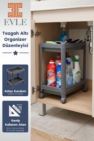 2 Katlı Tekerlekli Tezgah Altı Raf Düzenleyici Organizer, Banyo Lavabo Altı Düzenleyici "antrasit" Antrasit