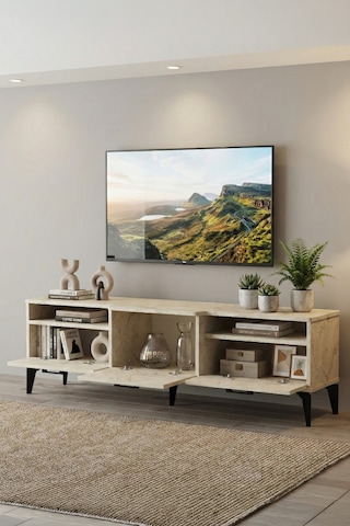 Tv Sehpası 160 Cm Kapaklı Raflı Televizyon Ünitesi Salon Oturma Odası Tv Sehpa Mistral Ekru