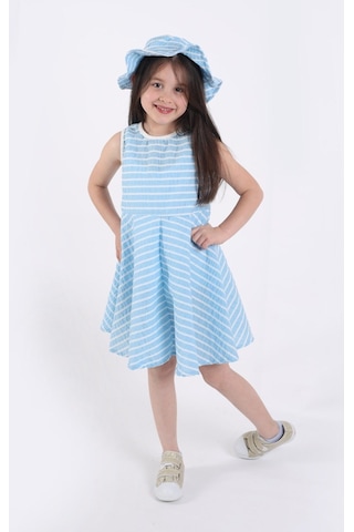 Aden Kids Kız Çocuk Çizgili Yazlık Elbise Ve Şapka Takımı - 2'li Set 4-12 Yaş Mavi