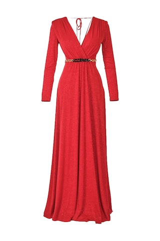 Explosion Maxi Abiye Elbise: Uzun Kol, V Yaka, Şık Kemer Detayı Kırmızı
