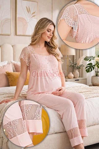 Lady Bebe Pembe Renkli Dantel Detaylı, 33200 Kısa Kol, 2 Parça Lohusa Hamile Pijama Takımı Açık Pembe