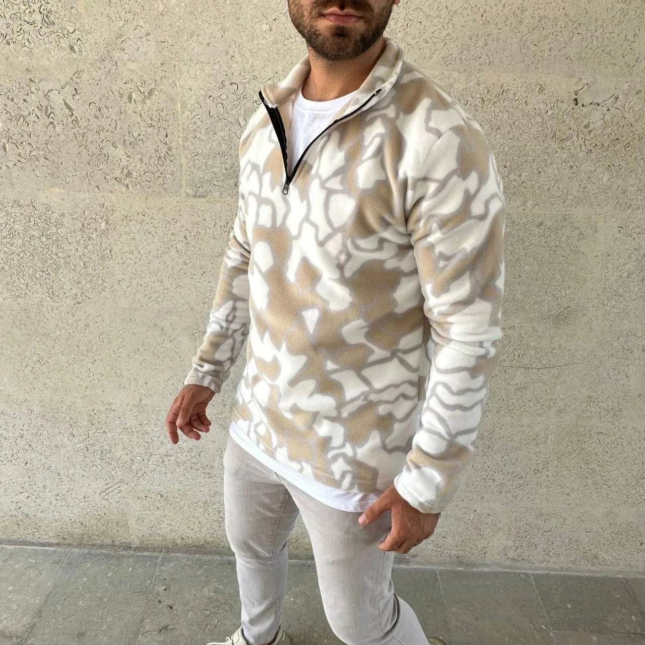 Erkek Yarım Fermuarlı Desenli Polar Sweat Yakalı, Uzun Kollu, Oversize Rahat Kalıp - Bej Bej