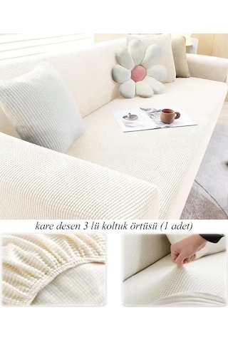 StarMall Lastkli Yikanabilir Karedesen 3 kişili Koltuk Örtüsü kanepe, çekyat KılıfıKrem