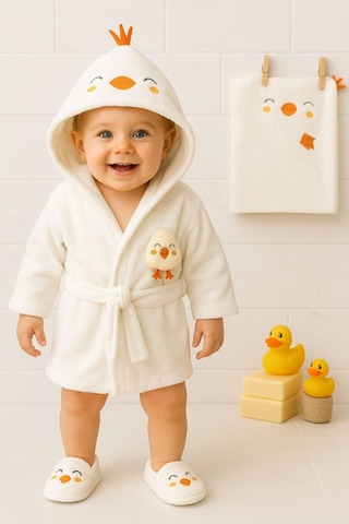 Sevimli Civciv Pamuklu Bornoz Seti 4 Parça Krem