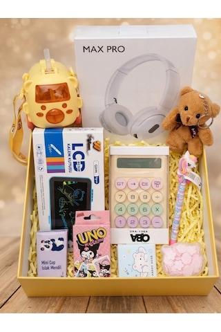 Çocuk Hediye Seti - Kulaklık, Otobüs Matara, Lcd Tablet Ve Hesap Makinesi -10 Parça Sarı Konsept Tüm Paket