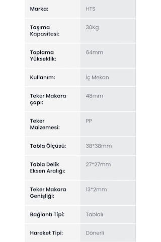 Hts 421 Frenli Dönerli Mobilya Tekerleği 48mm - 30kg Taşıma Kapasiteli Tablalı Pp Plastik İç Mekan Tekerlek, Sehp