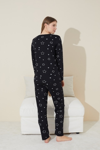 Siyah İnci Siyah Yıldız Desenli Pamuklu Pijama Takımı Siyah Yıldız Desen