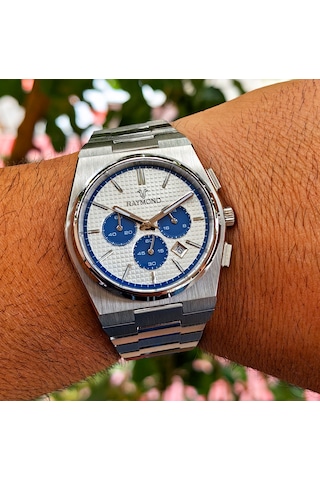 Raymond Kronograf Seri Mavi Detaylı Çelik Erkek Kol Saati Gümüş