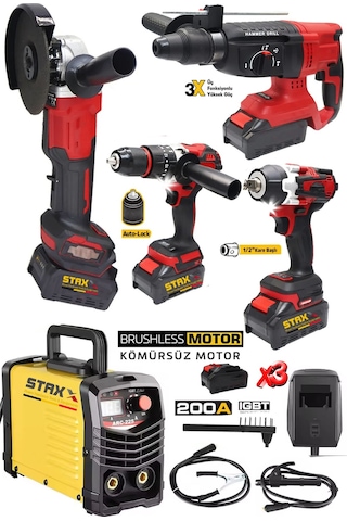 Staxx WM200RED 200A Kaynak + Matkap + Taşlama + Somun Sıkma + Kırıcı Delici 5'li Set