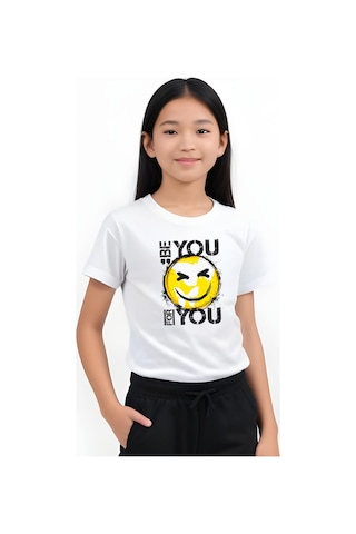 Be You Emoji Baskılı Kız Çocuk Tişört Ve Eşofman Alt-üst Takım Beyaz