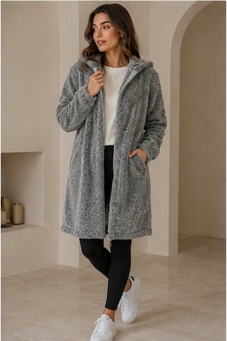Unika Boutique Kadın Welsoft Fermuarlı Kapüşonlu Uzun Polar Hırka Gri