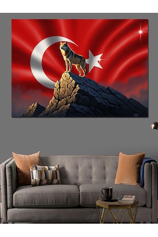 Ay Yıldızlı Kurt Dağ Zirvesi Dekoratif Kanvas - Mdf Ahşap Tablo