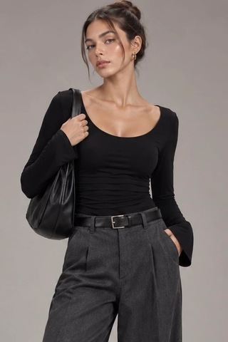 Bbbutikbasic Kadın U Yaka İspanyol Kol Uzun Kollu Slim Fit Bluz My3535 Siyah