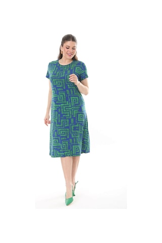 Kadın Mavi Yeşil Labirent Desen Midi Elbise-mavi Mavi