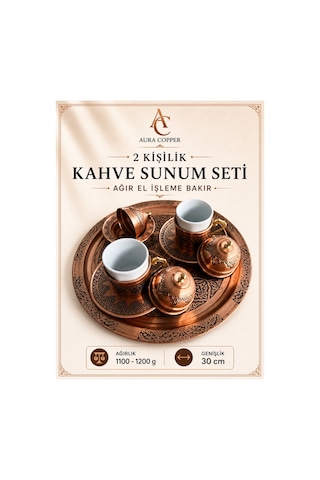2 Kişilik Bakır Kahve Sunum Seti El İşlemeli Tepsili Türk Kahvesi Fincan Takımı - Döveme Ağır El İşleme