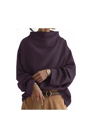 Tua Moda Kadın Uzun Kollu Geniş Balıkçı Yaka Modal Mürdüm Bluz Bordo