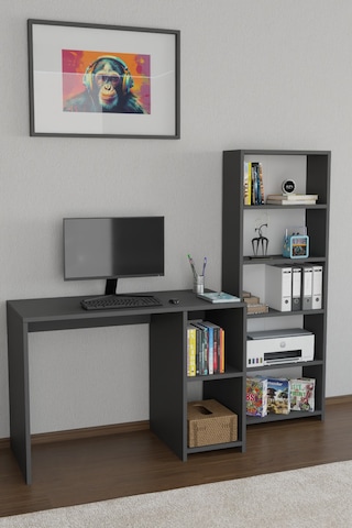 Kitaplıklı Çalışma Masası Bilgisayar Masası Raflı Öğrenci Ofis Masası 5 Raflı Ders Çalışma Masası Antrasit
