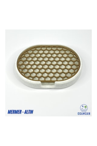 Odamdan Modern Çift Renkli Beyaz-gri Katı Sabunluk - Su Tahliyeli Ve Izgaralı Tasarım 9x12 Cm Mermer - Altın