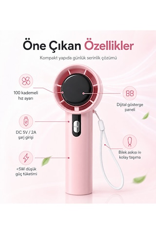 100 Kademeli Hız Ayarlı Şarjlı El Fanı Dijital Göstergeli Taşınabilir Mini Vantilatör Pembe