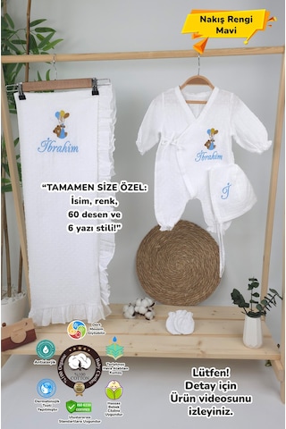 Gros Shop Müslin Yeni Doğan 4katlı Organik %100pamuk Kişiye Özgü Nakışlı Hastane Çıkış Seti-ayıcık Model Ekru