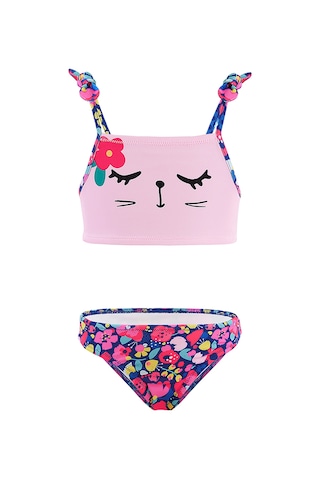Denokids Çiçekli Kedi Kız Çocuk Bikini Çok Renkli