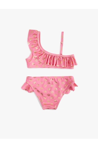 Koton Fırfırlı Parlak Baskılı Tek Omuz İnce Askılı Bikini Takımı Pembe Desenli 5skg00015mm Pembe Desenli