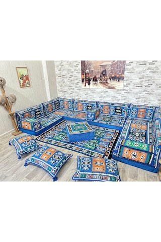 Coton Şark Köşesi Milas Desenli Minder Takımı Mavi