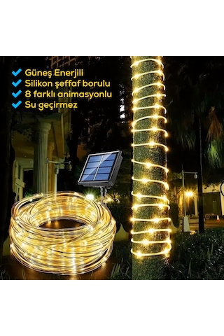 Güneş Enerjili Silikon Borulu 12m 100 Led Işık Zinciri Se Geçirmez Dış Mekan Led Lamba Günışığı