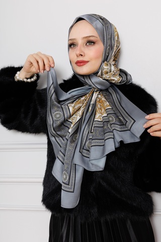 Sevitli Versace Desenli Hint İpeği Şal-antrasit-4538