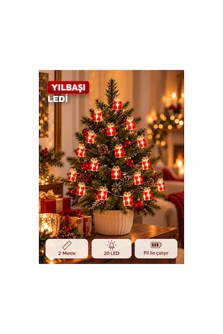 Yılbaşı Hediye Paketi Figürlü Led Işık 2 Metre Pilli Süsleme Ledi 20 Led Oda Masa Ağaç Dekoratif Süs