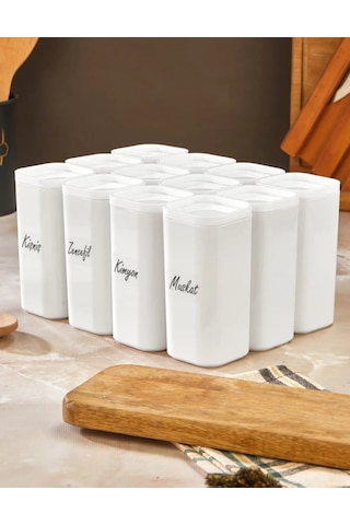 Etiketli 12'li 300 Ml Vakumlu Kapak Mika Beyaz Baharatlık Takımı - Sızdırmaz Conta Saklama Kabı Beyaz