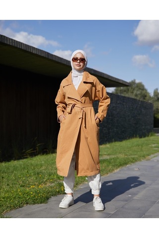 Vioshine Kadın Kruveza Yaka Kuşaklı Kot Trençkot-camel Camel