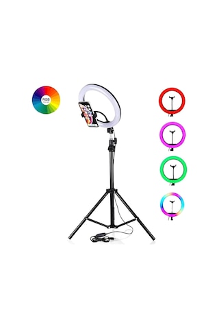 Rgb Ring Light 37 Renk Modu 10'' Led Selfie Işığı, Tripod Standlı, Telefon Tutuculu, Bluetooth Kumandalı, 360