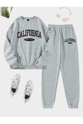 Los Angeles Baskılı Gri Bisiklet Yaka Sweatshirt Ve Eşofman Altı Eşofman Takımı Gri