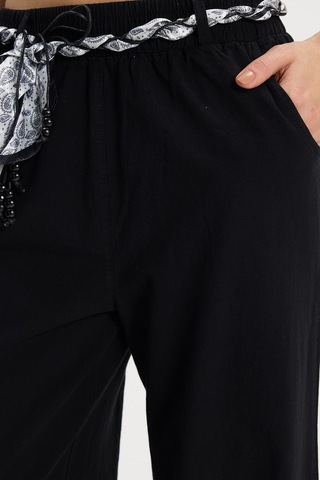 Tudors Kadın Relax Fit Rahat Kesim %100 Pamuk Beli Lastikli Fular Detaylı Çift Cepli Siyah Pantolon-50654