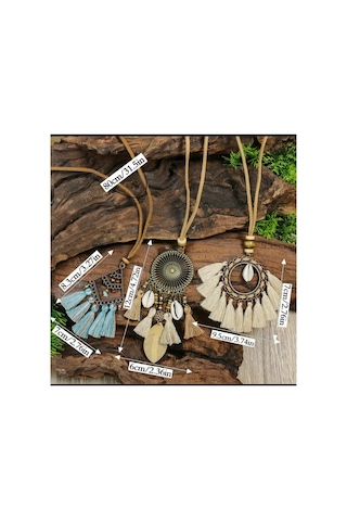 Yıwu Boho-chic 3 Parça Set: Vintage Esintili Püskül & Çiçek Kolye Ve Taşlı Aksesuarlar Kahverengi Tonları