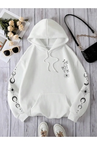 Tarzsokak Yıldız Güneş Ay Göz Kişilik Desen Kadın Kazak Vintage Büyük Boy Kapşonlu Sokak Rahat Hoodie S Beyaz