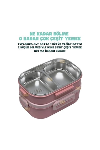 Vagonlife Bento 1650ml Paslanmaz Çelik 2 Katlı 3 Bölmeli Çatal Ve Kaşıklı Yemek Kutusu Pembe Beyaz