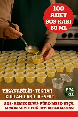 100 Lü Set-60 Ml Kendinden Kapaklı Şeffaf Sosluk Sızdırmaz, Sıcağa Dayanıklı, Tekrar Kullanılabilir Diğer