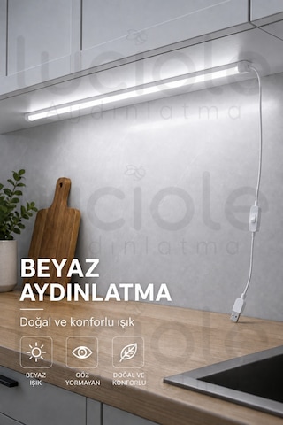 Usb Dolap Altı Led Aydınlatma 100 Cm Beyaz Işık Anahtarlı Yapışkanlı Mutfak Raf Lambası