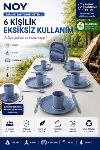 Piknik Seti Piknik Sepeti Konforu Sunan 6 Kişilik 30 Parça Çantalı Piknik Tabak Seti Mavi