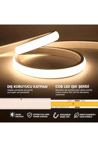 220v 5 Metre Cob Neon Led Şerit 4800 Lümen 50w 3000k Günışığı Ip65 Yapışkanlı 50cm Kesilebilir Fiş Dahil