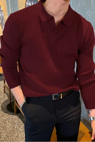Cool Tarz Erkek Polo Yaka Triko Kazak Slim Fit Fitilli Bordo