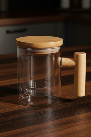 Ahşap Kulplu Ve Kapaklı Cam Süzgeçli Bitki Çayı Kupası 520 Ml Beyaz