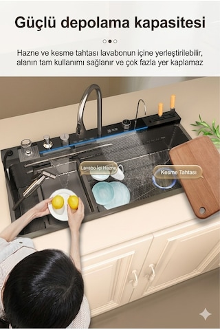 Lüx Dijital Akıllı Eviye Seti Premium Black Akıllı Mutfak Evyesi- 100x46 Cm Çok Fonksiyonlu Siyah
